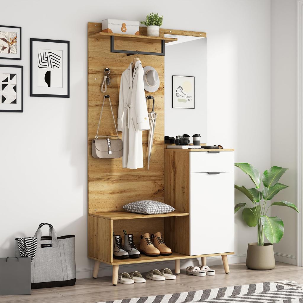 Set 190cm, Garderoben-Set Spiegel, Stylishe Schuhbank, Schuhschrank, Schublade, Regal, Kleiderhaken, Wandgarderobe Holzfarbe & Weiß