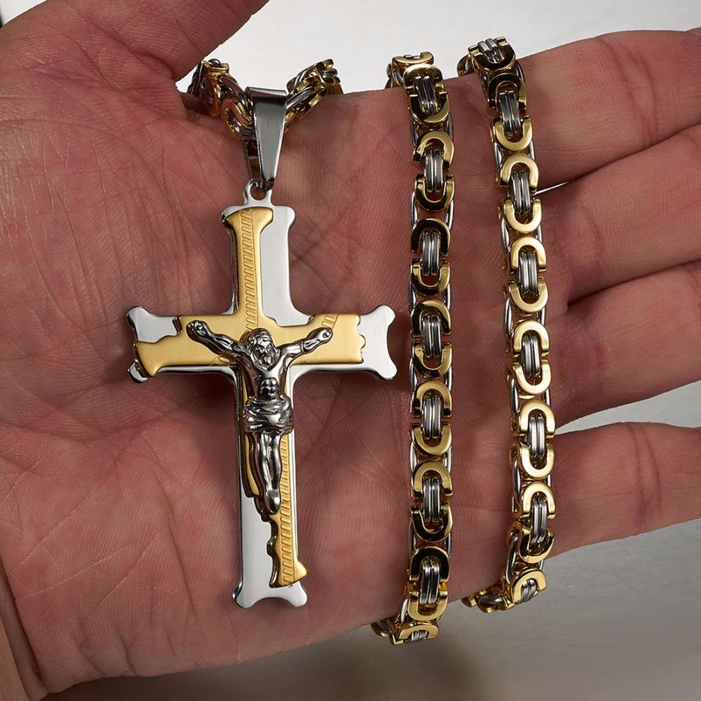 Cross Pendant Necklace Fashion Male Jewelry Trendy Silver Color Gold Color Stainless Steel Thick Link Byzantine Chain Choker