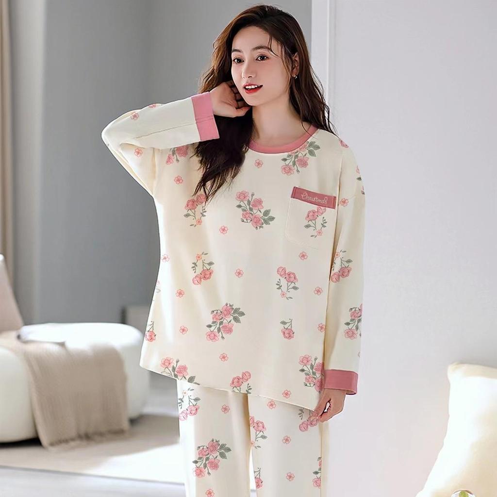 Damen Plus Size Süßes Rundhals-Loungewear-Set - Baumwoll-Schlafanzug für Frühling & Herbst mit Brustpolstern
