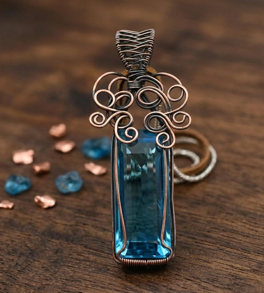 Blue Topaz GemStone Pendant Rectangular Copper Wire Wrap Jewelry Vintage Style Copper Pendant