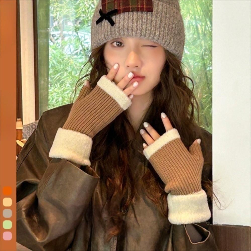 1 Pair Korean Style Knitted Gloves Soft Warm Half Finger Gloves Protect Wrists Cold-proof Color-blocked Gloves