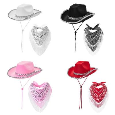 Blingbling Cowgirl Hat and Scarf Sequined Brim Hat and Tasseled Scarf