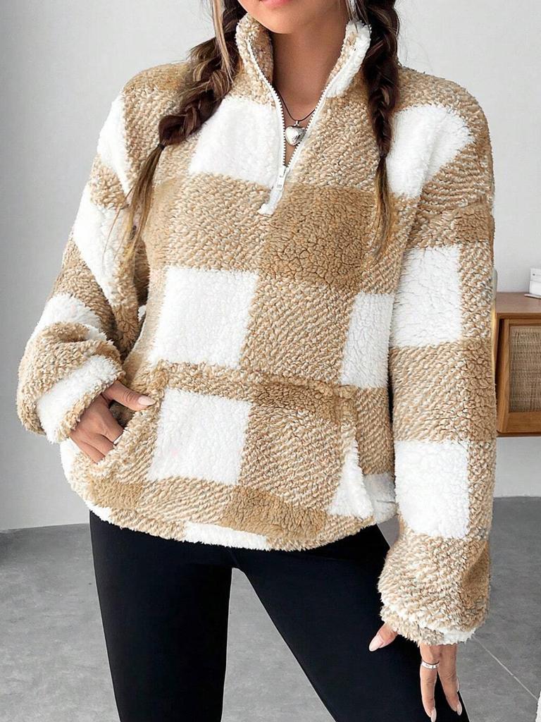 2025 Cross-Border Plaid Plush Long-Sleeve Women's Casual Sweatshirt with Pockets