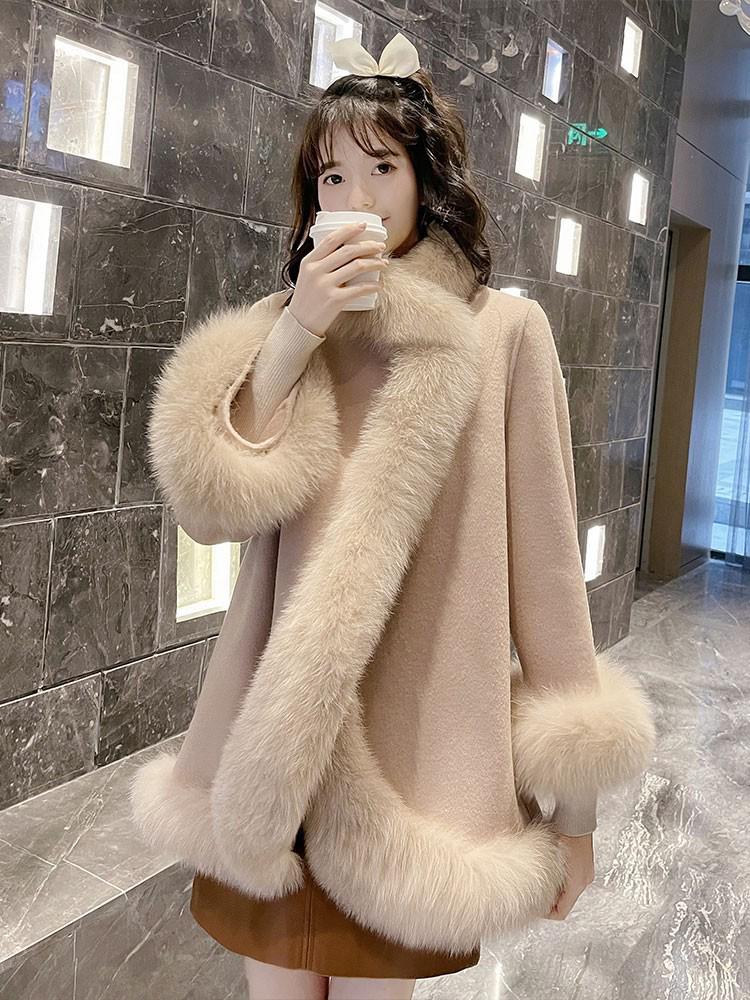 

Женская свободная накидка-шаль из флиса с отделкой из лисьего меха L абрикосовый