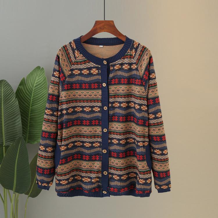 Middle-aged and Elderly Spring and Autumn Sweater Knitted Cardigan Jacket Female Mother Embroidered Round Neck Comfortable Top Old Lady