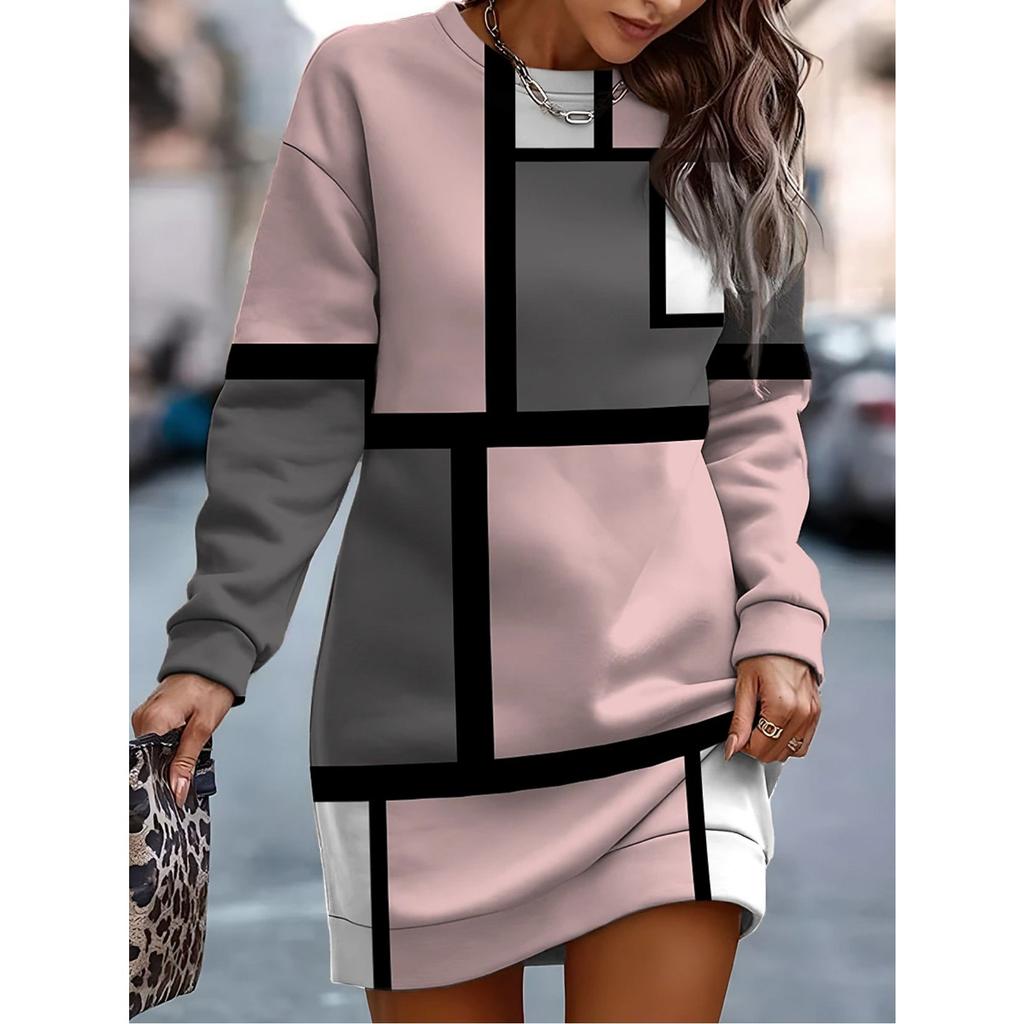 GMXIA Autumn Winter Women's Print Color Contrast Crewneck Hoodie Dress