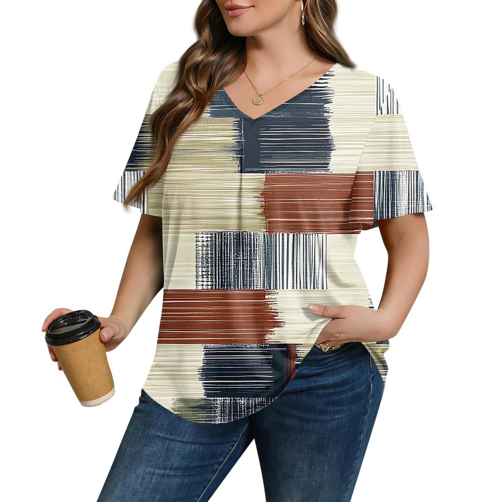 Women's Plus Size Fashionable Casual Loose-Fit Short Sleeve Elegant V Neck Blouse For Work