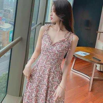 Women's 2024 Summer Floral Chiffon Midi Dress - Elegant Retro Tea Break Style