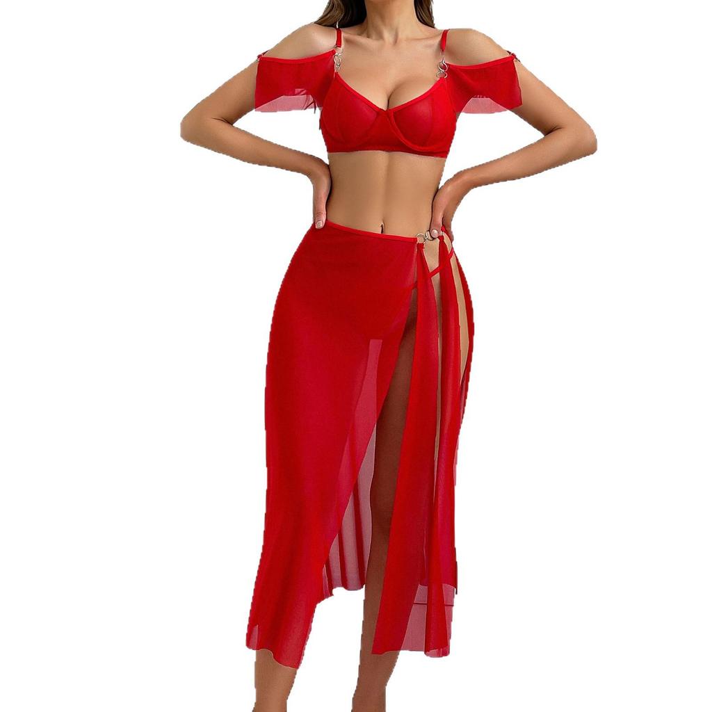 Sexy Mesh Ruffle High-Waist Slit Lingerie Three-Piece Set
