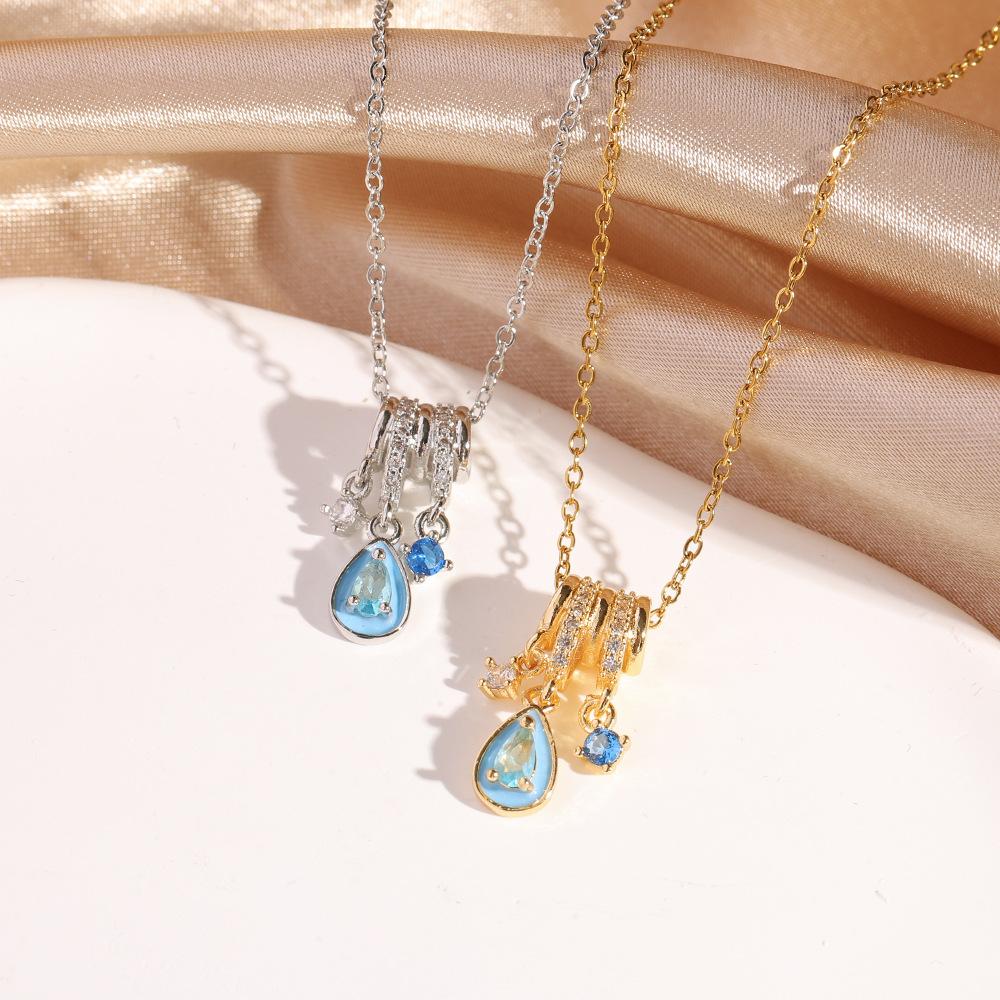 Blue Tear Drop Fringe Zircon Titanium Steel Necklace Women Fashion Light Luxury Elegant Collarbone Chain