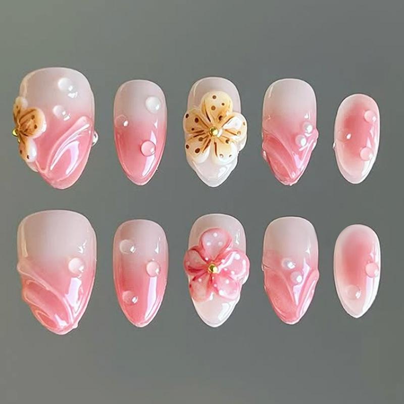 24 st. rosa leopardmönster franska lösnaglar med 3D-blommor och pärlor, press-on-naglar, heltäckande, söta mandel-lösnaglar, bärbara