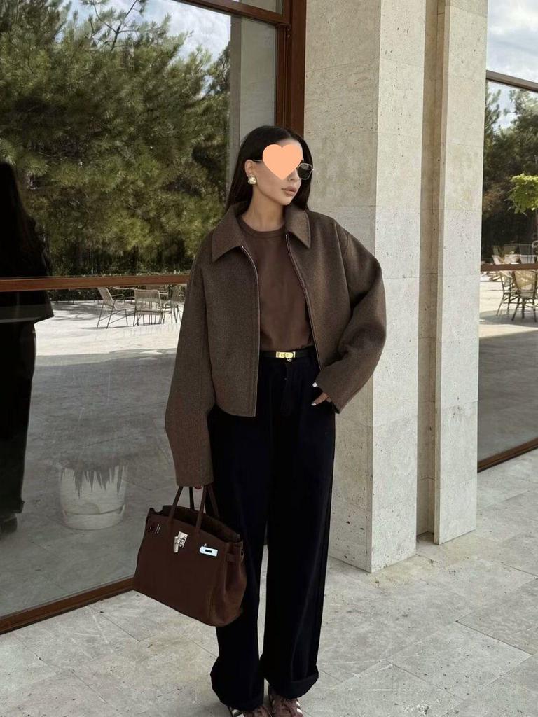 European & American Women's Retro Solid Color Lapel Short Jacket - Brown.