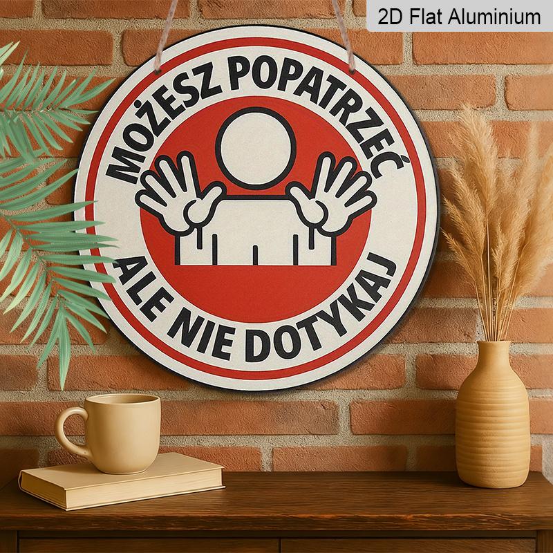 2D Flat, A Round Aluminum Sign In Polish, Featuring a Vintage Decorative Plaque That Says 'Look But Don'T Touch.' This Polish Warning Sign Is Perfect