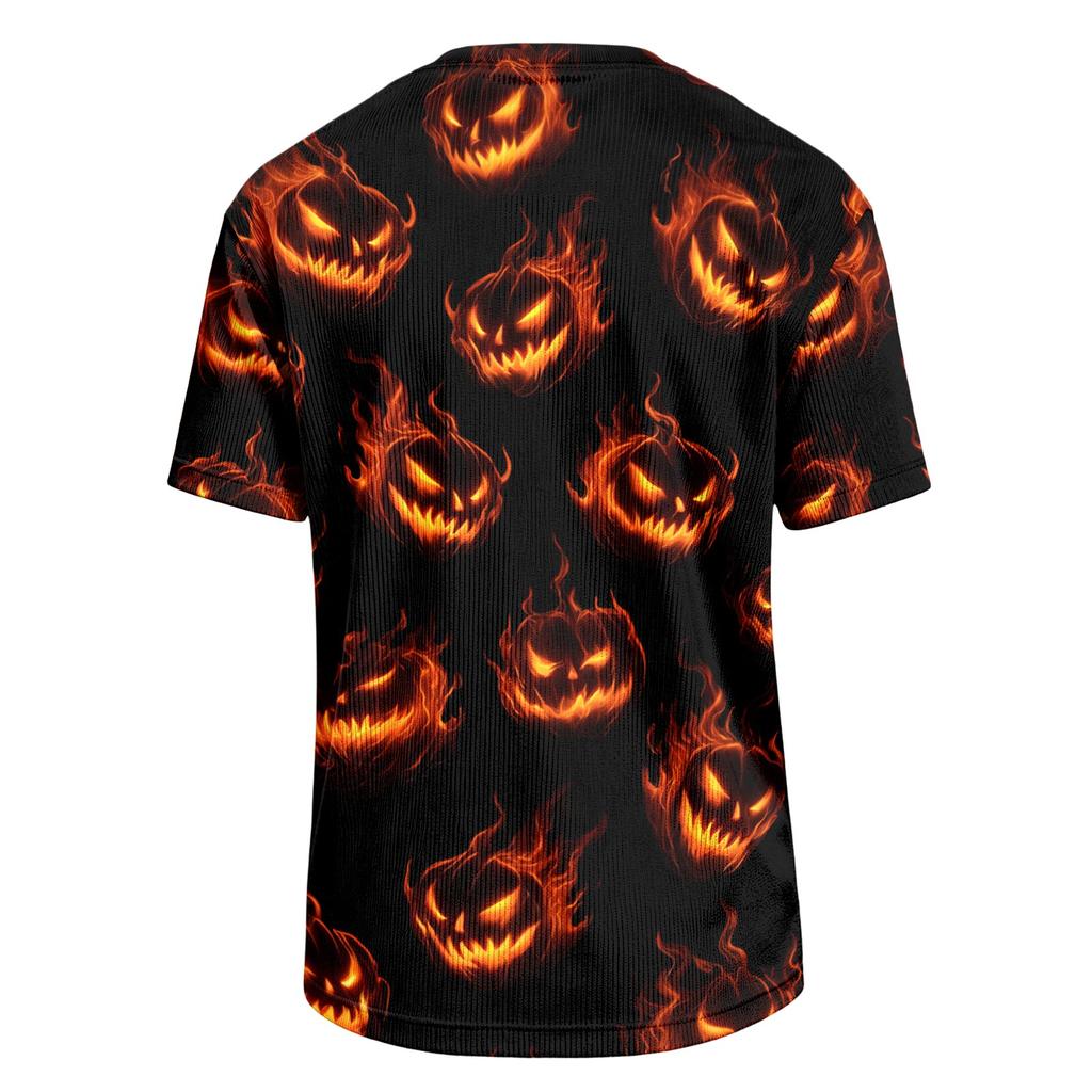 Men's Casual Corduroy Short Sleeve T-Shirt Lightweight Breathable Round Neck Halloween Pumpkin Print Top Comfortable Fit