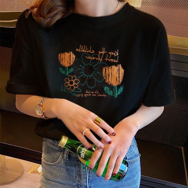 White Cotton Casual ort Sve T-irt Women's Oversize Top Korean Sle Chic Large Size round Ne Print Summer irt