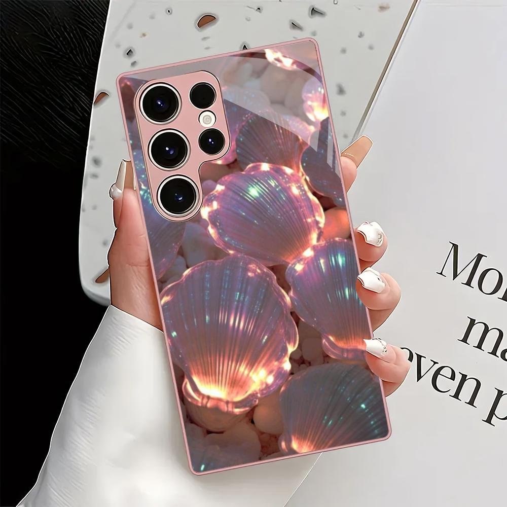 Pink shell electroplated glass phone case suitable for Samsung Galaxy S26 S25 S24 S23 S22 S20 FE/Ultra/Plus anti drop back cover