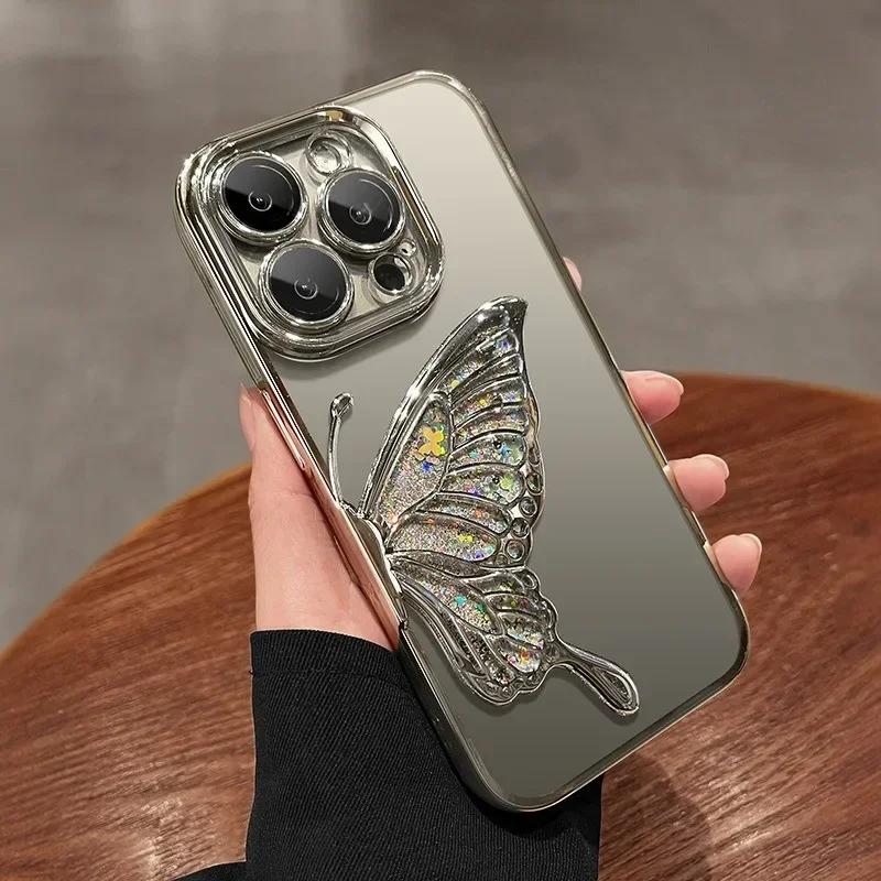 Cartoon Butterfly Glitter Quicksand Case for iPhone 16 15 14 13 Pro Max Plus 11 12 Plating Gradient Bling Camera Film Soft Cover