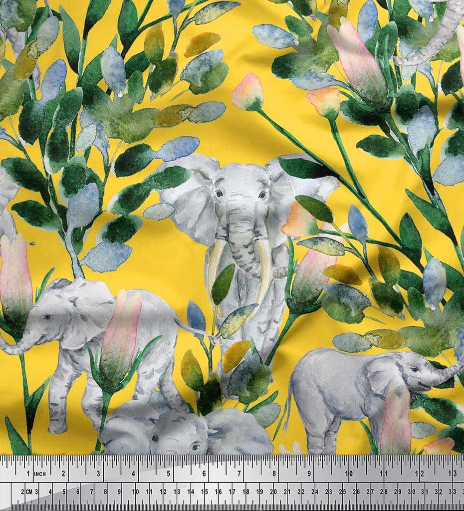 Soimoi Japan Crepe Satin Fabric Leaves,Floral & Elephant Animal Printed Craft Fabric by the metre 42 Inch