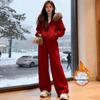 Korean Winter Outfit: Age-Reducing Fur Collar Hoodie & Loose Wide-Leg Pants Set