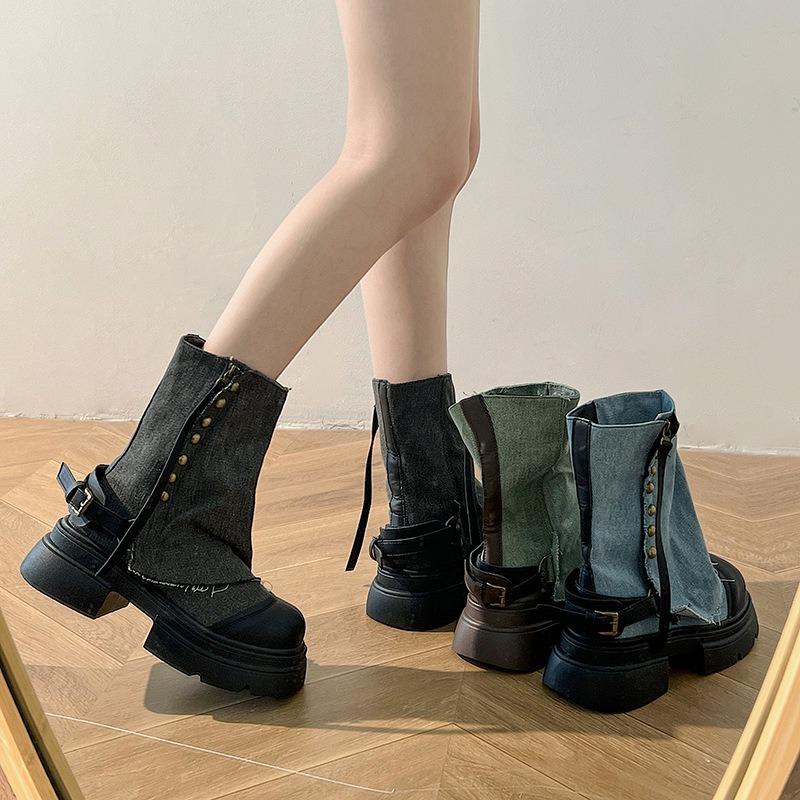 Martin boots women's autumn and winter new medium tube British thick sole inner height increase sweet cool trousers western cowboy short boots