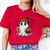 Little Boo Drinking Coffee Women T-Shirts Fashion Halloween Party Spooky Season Shirt Harajuku Graphic Tops Casual Streetwear
