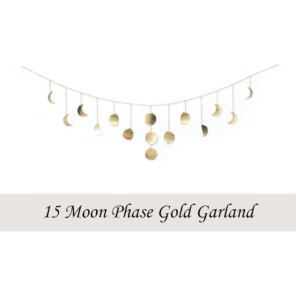 Moon & Crafts Boho Moon Phase Wall Hanging 50” Gold Brass Garland, 15 Handmade Hammered Moons, Celestial Wall Decor for Bedroom, Living Room &