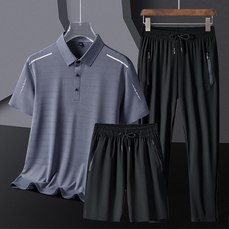 Men's Summer Ice Silk Sportswear Set: POLO Shirt, Short Sleeve, and Trousers, Plus Size, Three-Piece Set.