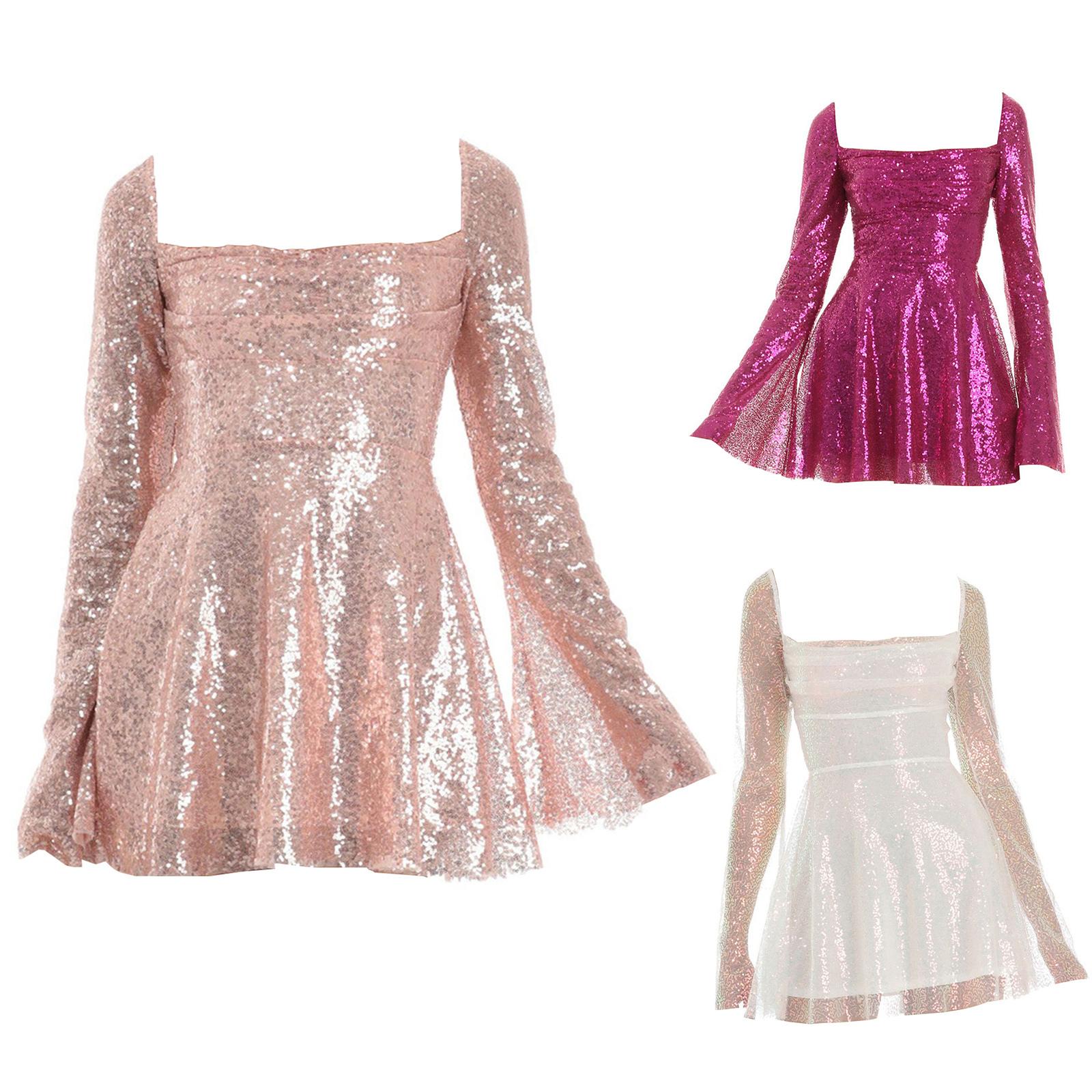 

Women s Sequin Sparkly Club Dresses Flare Long Sleeve Cocktail Dress Square Neck Party Dresses S гарячі рожевого кольору