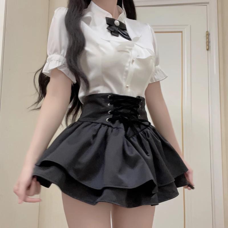 High-Waisted Retro Black Balloon Skirt with Double-Layer Elegant Shirt