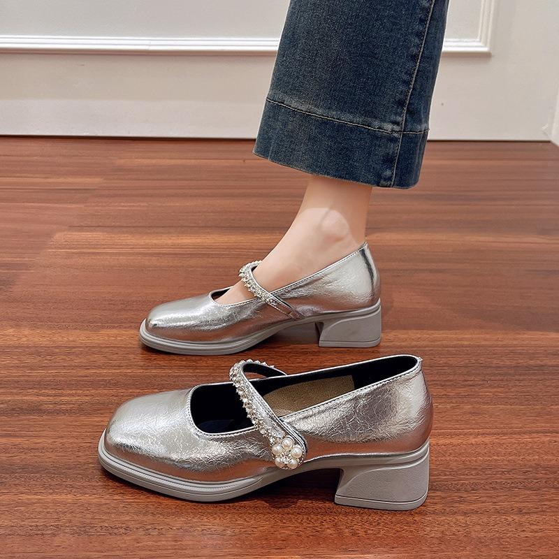 Mary Jane women's shoes high heels commuting square head temperament fashionable medium heel single shoes women's thick heel gentle evening shoes
