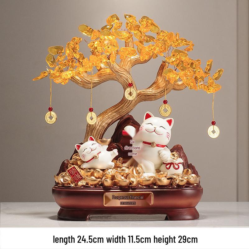Fortune Cat Money Tree Figurine - Office, Shop, Reception & Housewarming Decoration