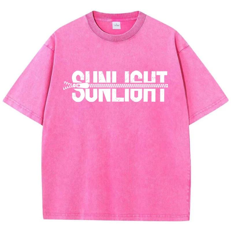 Sunlight Cotton Washed T Shirts Women Zipper Pattern Prints T-Shirts Distressed Oversized O-Neck Tops Womans Streetwear