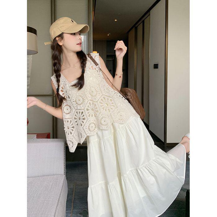 Trendy White Hollow Camisole Dress Set: Flattering Two-Piece Layered Vest & Dress