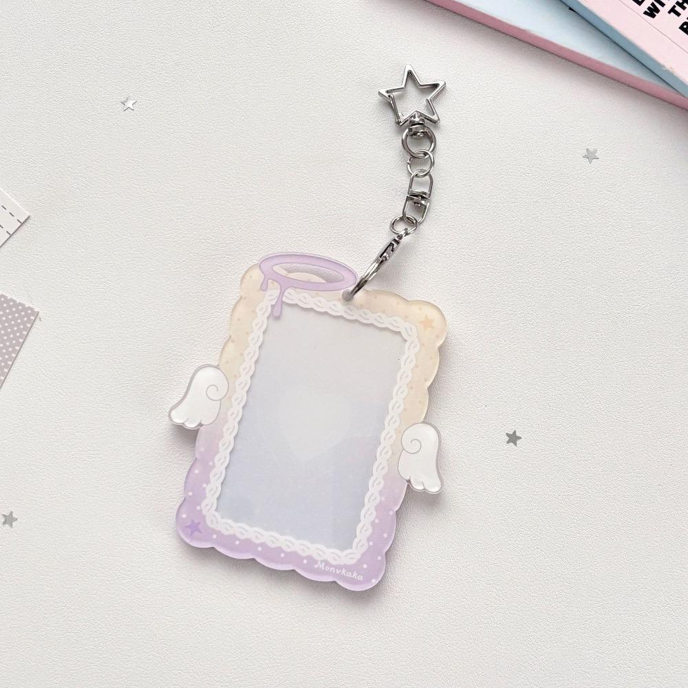 Kawaii Acrylic Photocard Holder Angel Wings with Star Keychain Card Sleeve Hard Card Protector 3-inch Photos Card Cover