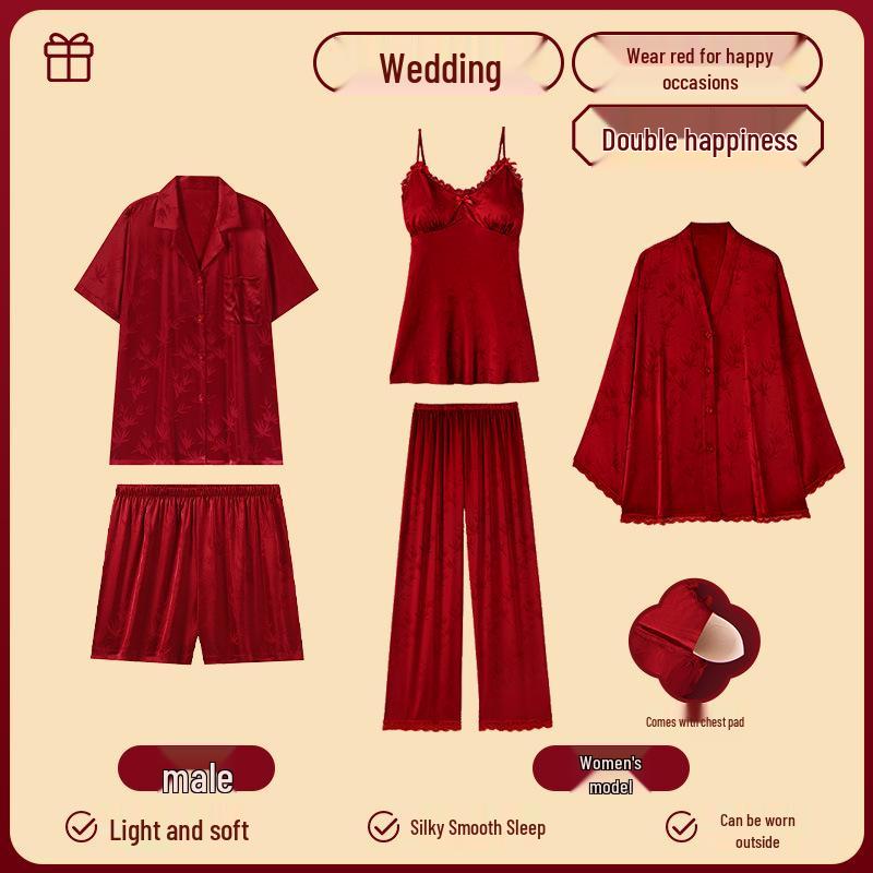 

Предначертано на три жизни: Красная китайская свадебная пижама из ледяного шелка для пары со встроенными чашечками для бюстгальтера XL Women + 3XL Men
