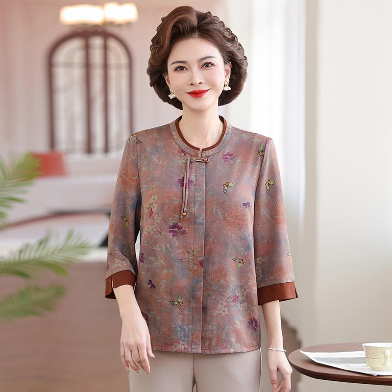Chinese Style Summer Loose Three-Quarter Sleeve Shirt for Middle-Aged and Elderly Women