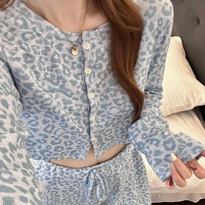 

Blue leopard print pajamas women s spring and autumn short tops and trousers threaded knitted sexy babes pure desire loungewear suit M