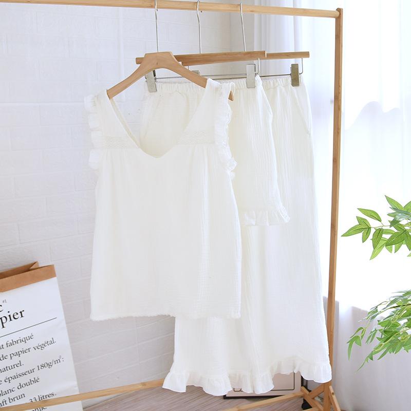 Spring and Summer New Pajamas Pure Cotton Cotton Yarn Women's Thin Solid Color Three-piece Vest Trousers Can Be Worn Outside Loungewear