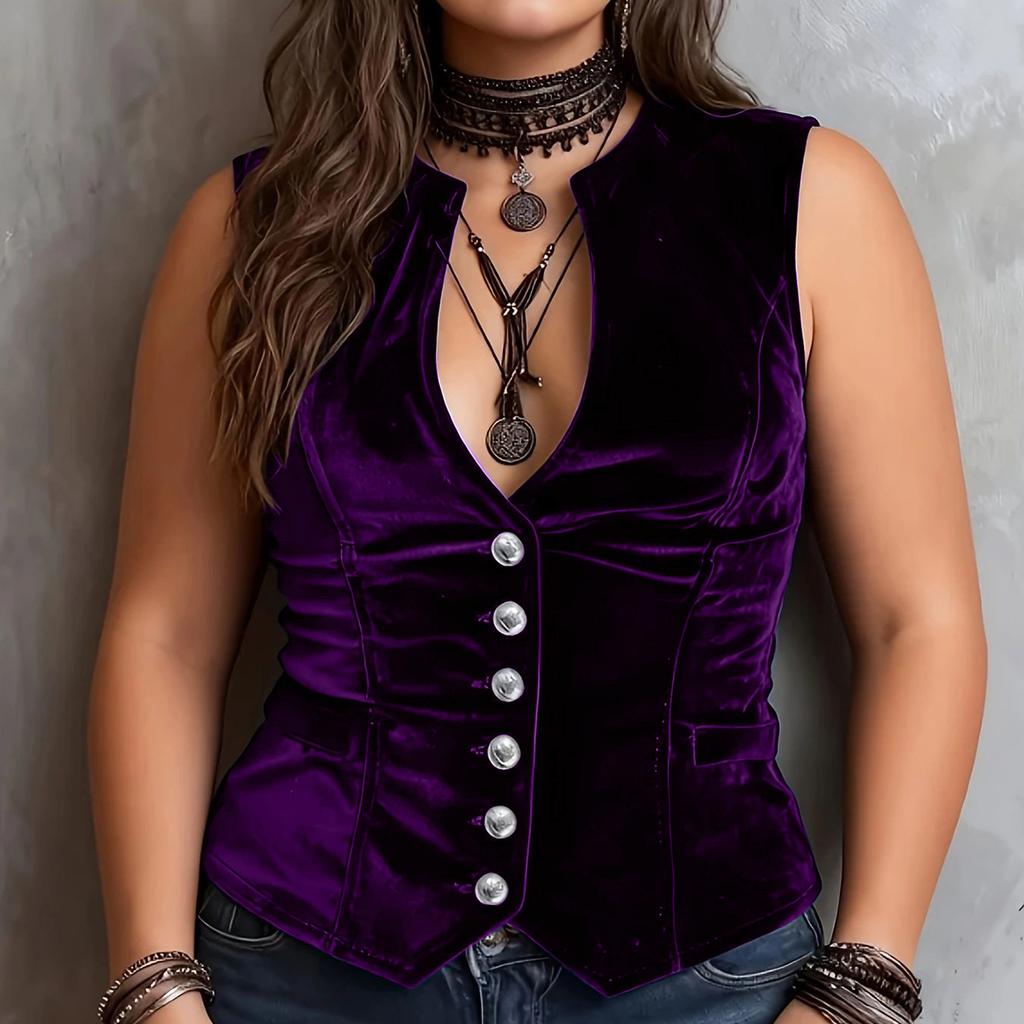Women's Plus Size Velvet V-Neck Button Sleeveless Blouse