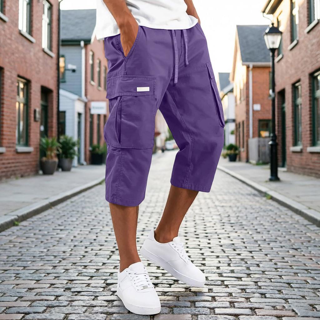 Men's Cargo Shorts Drawstring Waist Multi Pocket Workwear Style Casual Knee Length Trousers Lightweight Durable Fabric