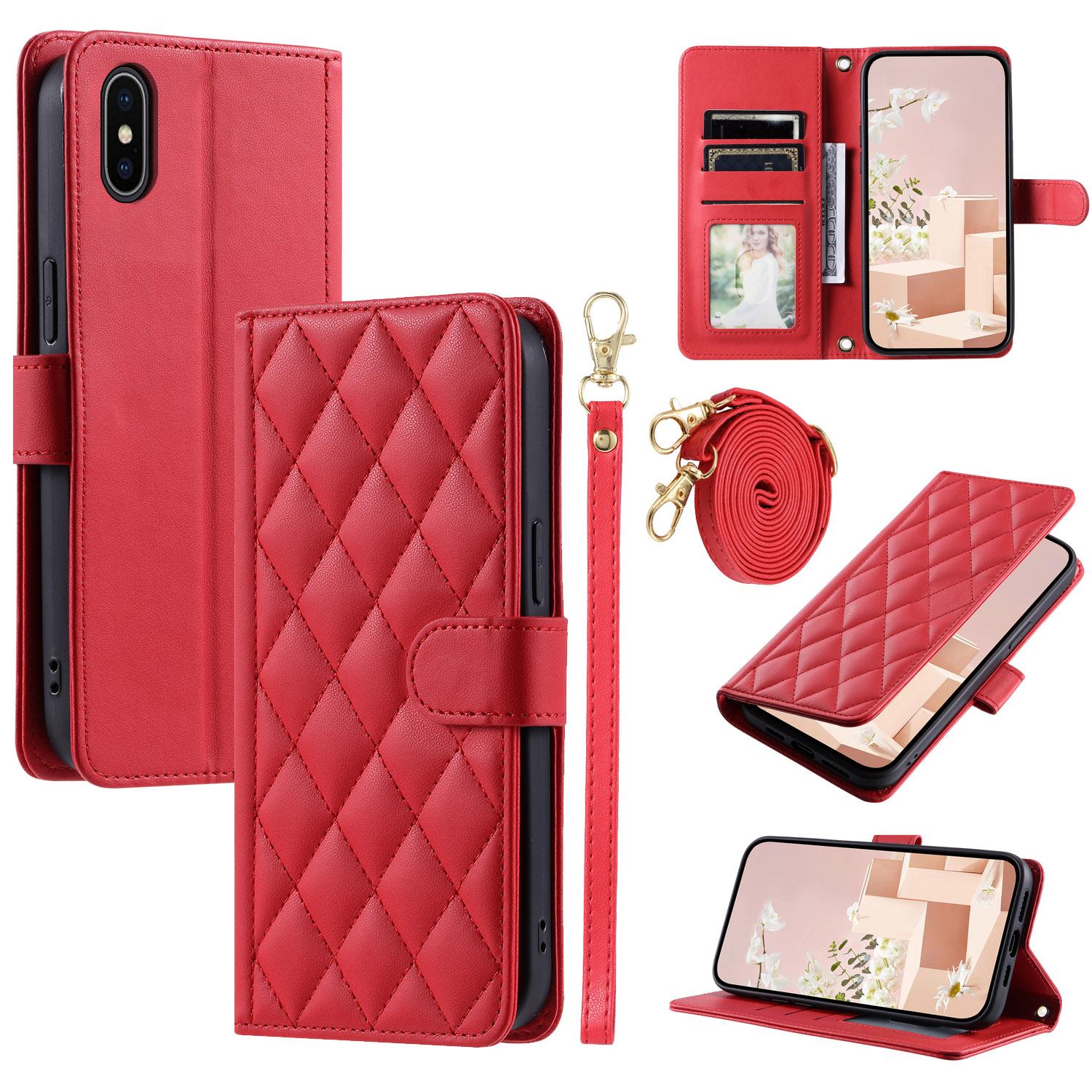 

For iPhone XS Max Leather Wallet Case with Straps Rhombus Grid Phone Cover Red