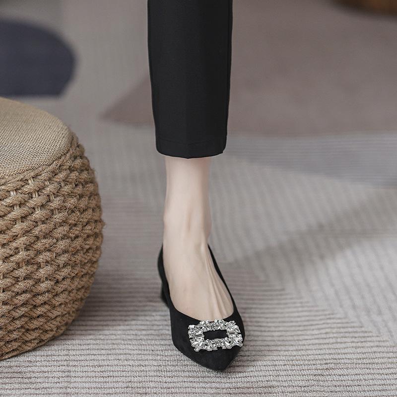 2024 Black Rhinestone Women's Work Shoes - Single, Medium-High Thick Heels, Soft Sole