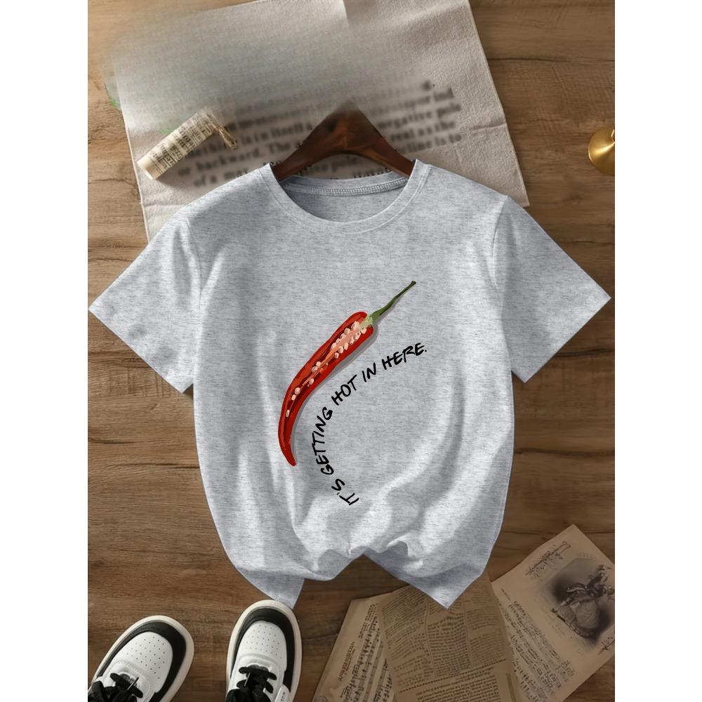 T-shirt da Donna a Maniche Corte con Peperoncino Rosso e Slogan Stile Vintage Famoso