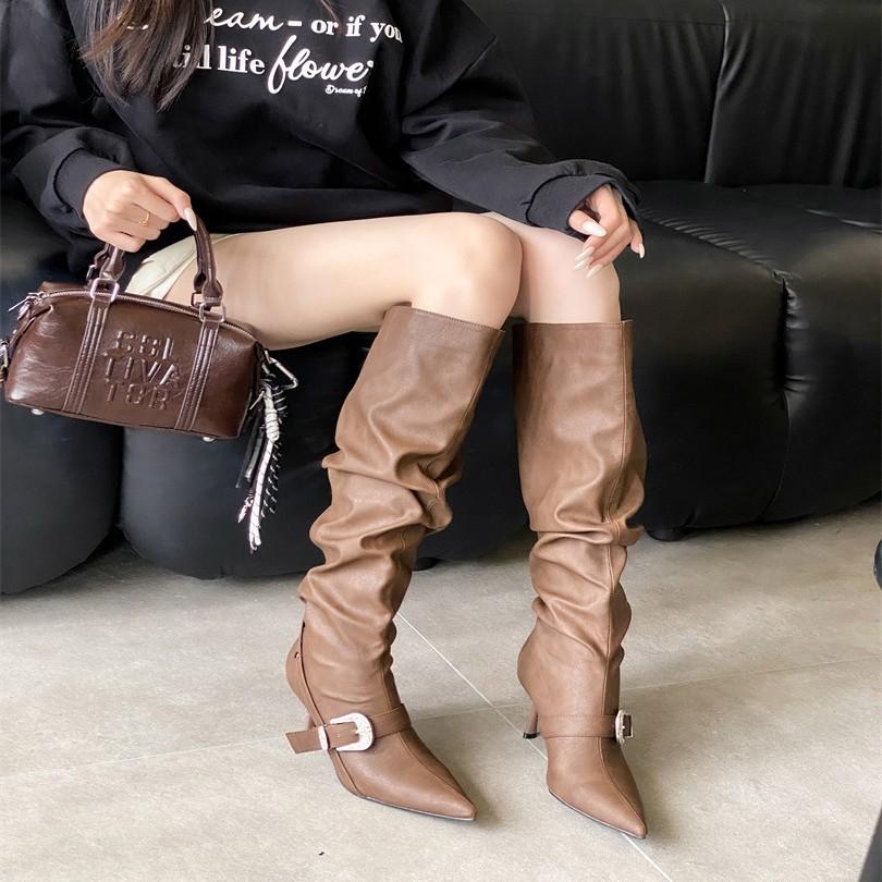 Spice Girl Style European and American Pointed White Pile Boots High Heel Boots Women's 2025 Autumn Belt Buckle High Heel Boots