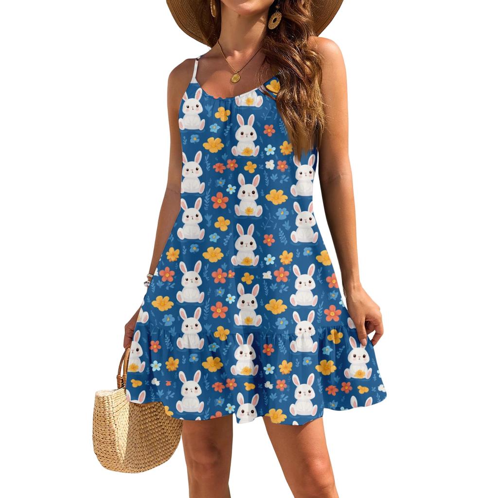 Robe décontractée élégante sans manches à bretelles ample pour femme avec imprimé plage et Pâques