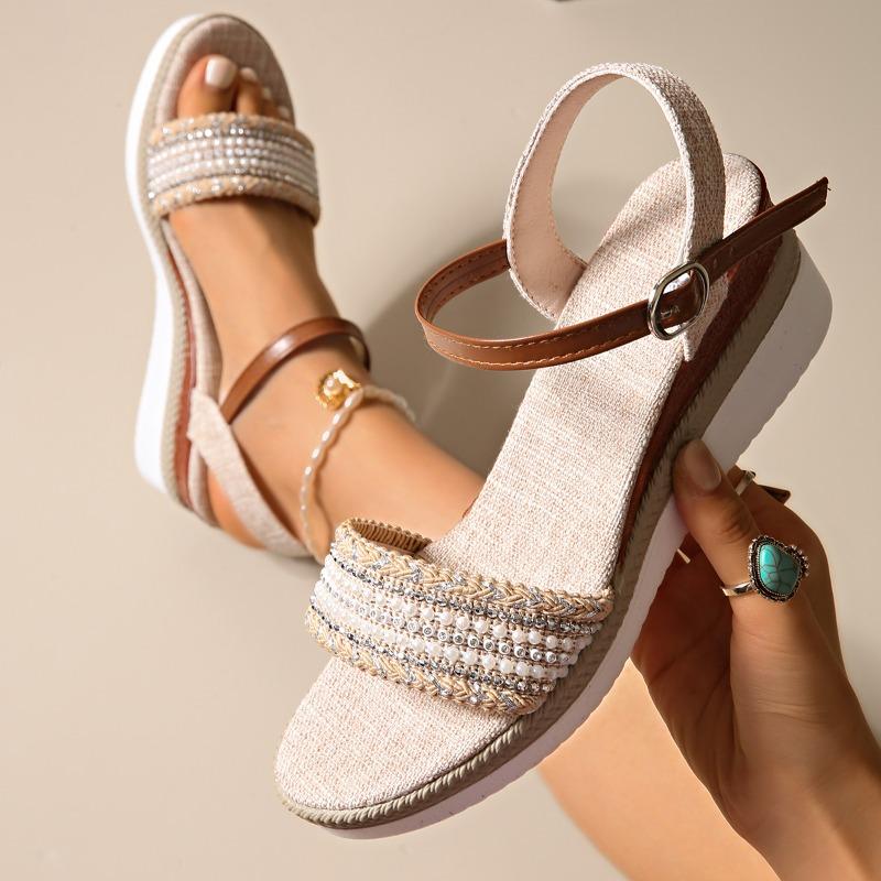 

Fashion Vintage Fringe Platform Sandals for Women Casual Brown Wedge Sandals Women Summer Buckle Decor Weightlight Flat Sandalias Mujer 36 бежевый