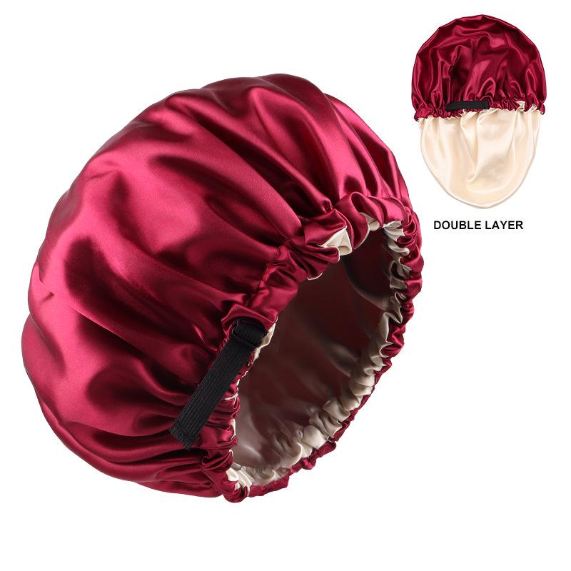 Dual-Layer Satin Sleep Cap with Adjustable Buckle, Reversible Solid Color Design - Elastic European/American Shower Cap