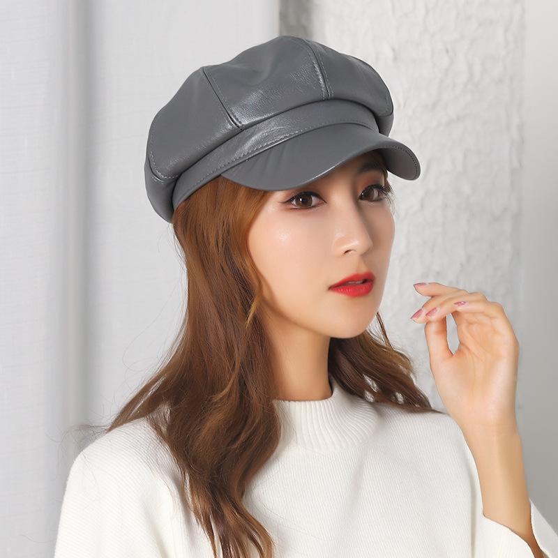 Day Retro Beret Women'S Pu Leather Solid Color Versatile Painter Hat Spring Octagonal Hat
