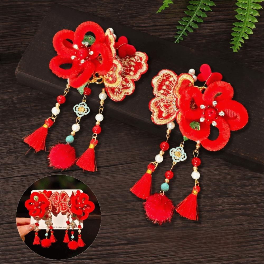 1 Pair Flower Hanfu Red Hair Clips Pearl Bow Tassel Hairpin New Year Headwear  Children