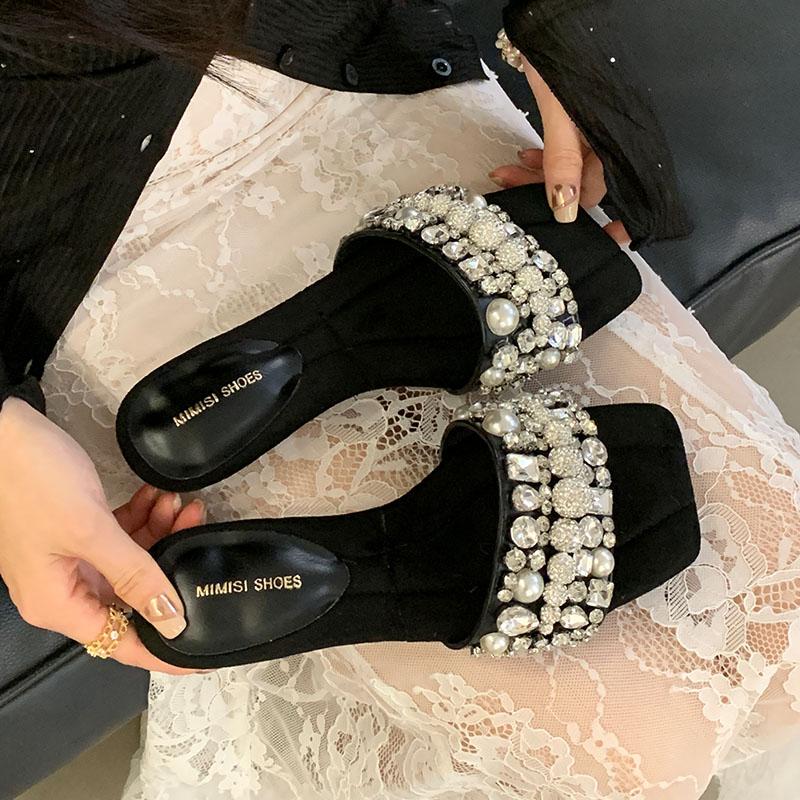 

Модная Роскошная Обувь Низкий Каблук Женские Тапочки Хрустальная Обувь Модные Стразы Женские Тапочки на Каблуке Сандалии Женские Слайды Туфли-лодочки 35 чёрный